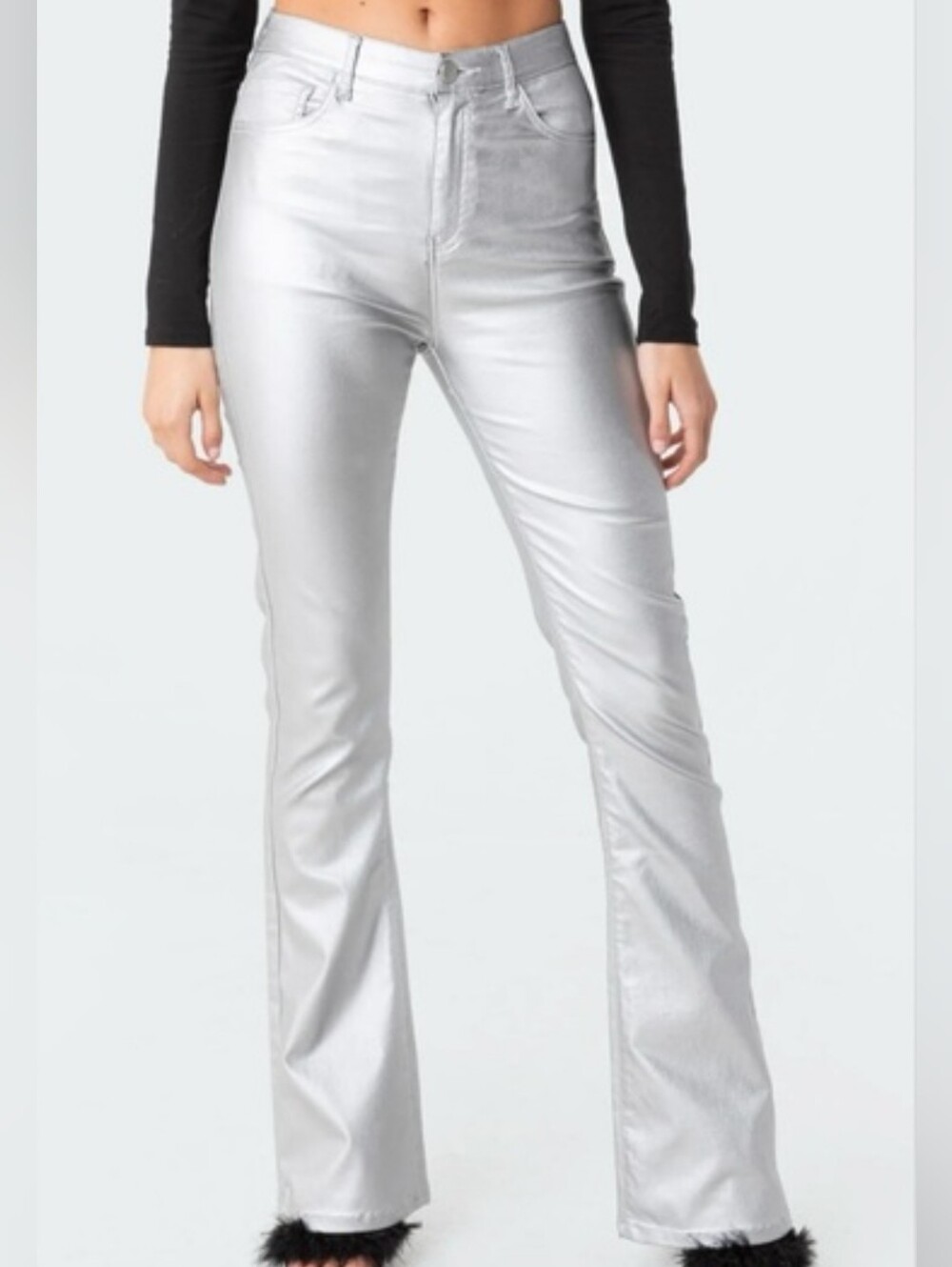 EDIKTED Jolene Silver Metallic Straight Leg Jeans Women's 100% Cotton